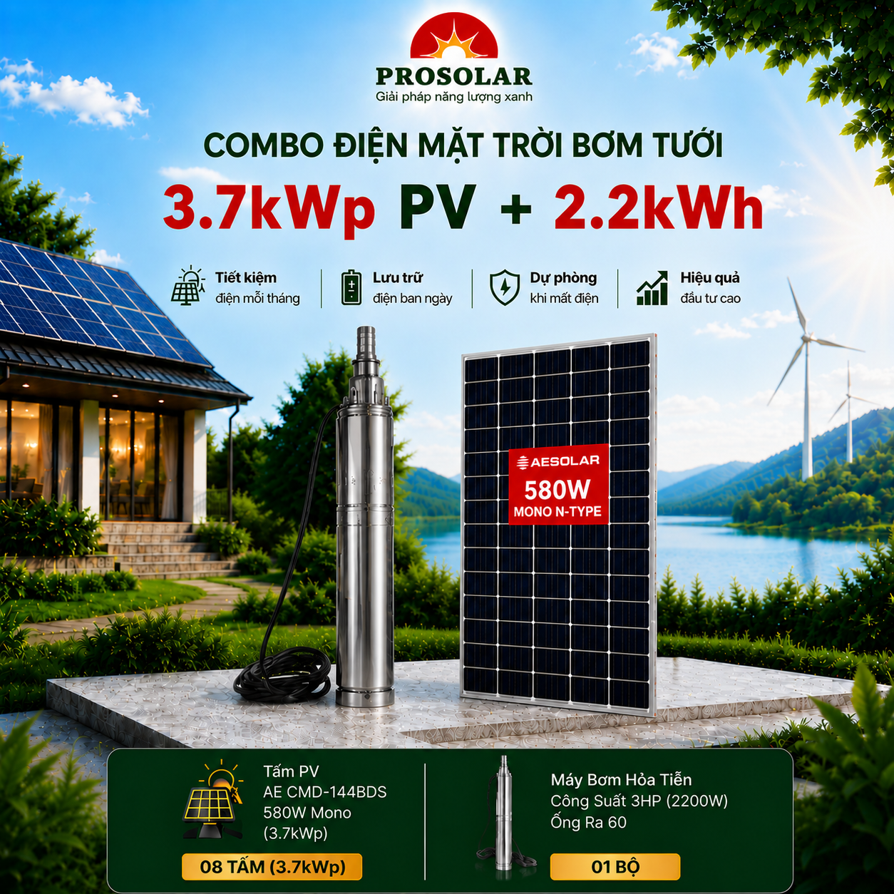 Combo Điện Mặt Trời Bơm Hỏa Tiễn 3HP - Tấm Pin AE Solar